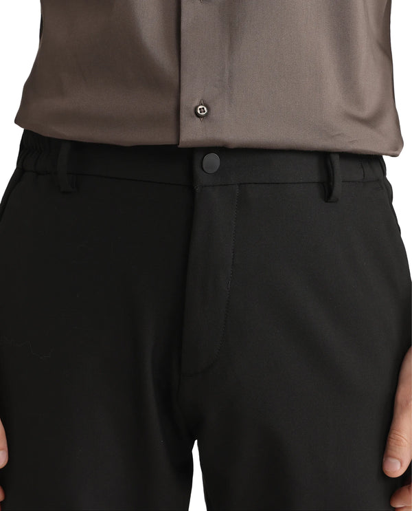 Rare Rabbit Men Travel-26 Black Cotton Elastane Fabric Button And Zip Closure Plain Trouser