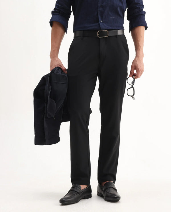 Rare Rabbit Men Travel-Aw25 Black Polyester Blend Fabric Button Closure Plain Trouser