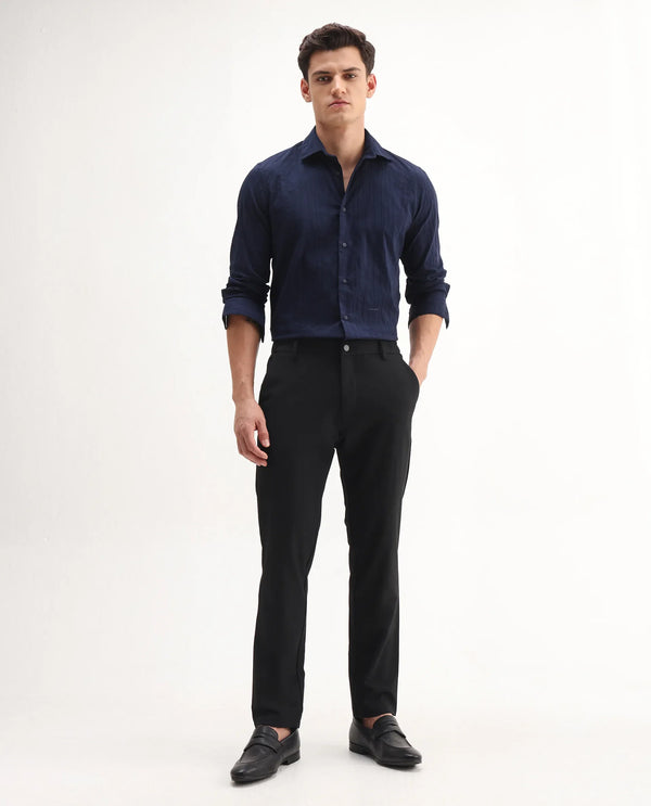 Rare Rabbit Men Travel-Aw25 Black Polyester Blend Fabric Button Closure Plain Trouser