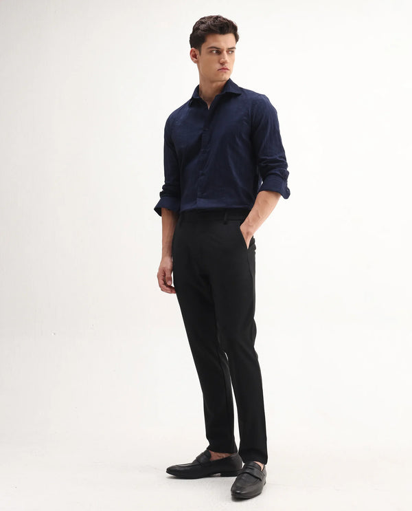 Rare Rabbit Men Travel-Aw25 Black Polyester Blend Fabric Button Closure Plain Trouser