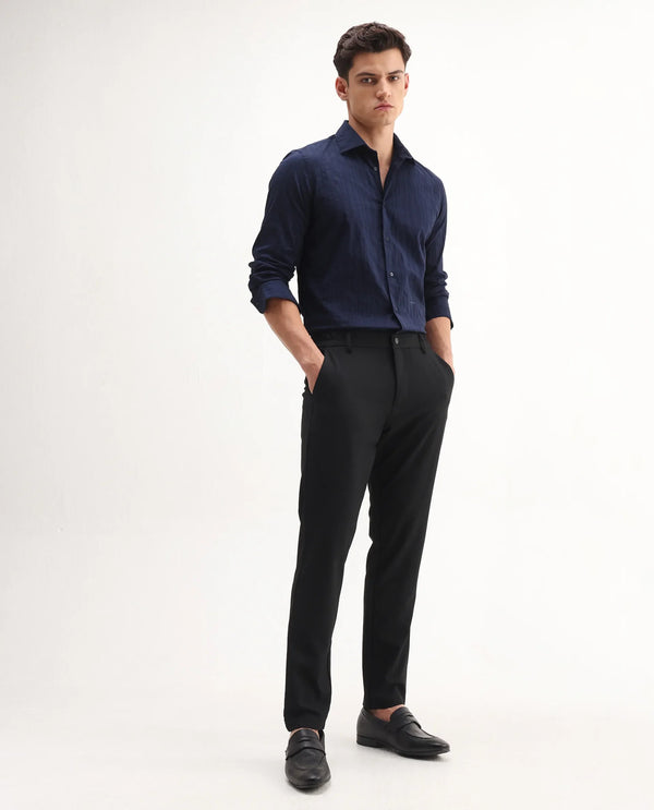 Rare Rabbit Men Travel-Aw25 Black Polyester Blend Fabric Button Closure Plain Trouser