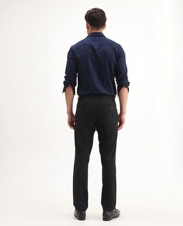 Rare Rabbit Men Travel-Aw25 Black Polyester Blend Fabric Button Closure Plain Trouser