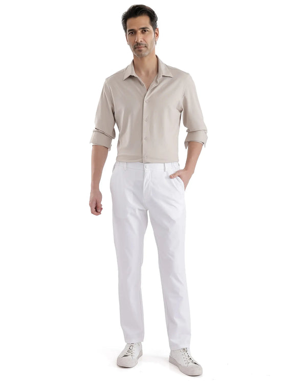 Rare Rabbit Men's Travel-11 White Polyester Viscose Fabric Button And Zip Closure Regular Fit Plain Trouser