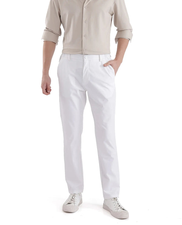 Rare Rabbit Men's Travel-11 White Polyester Viscose Fabric Button And Zip Closure Regular Fit Plain Trouser
