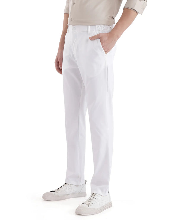 Rare Rabbit Men's Travel-11 White Polyester Viscose Fabric Button And Zip Closure Regular Fit Plain Trouser