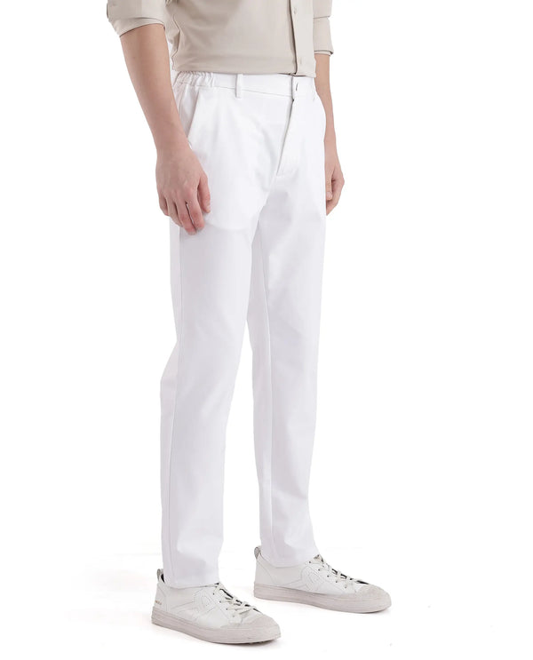 Rare Rabbit Men's Travel-11 White Polyester Viscose Fabric Button And Zip Closure Regular Fit Plain Trouser