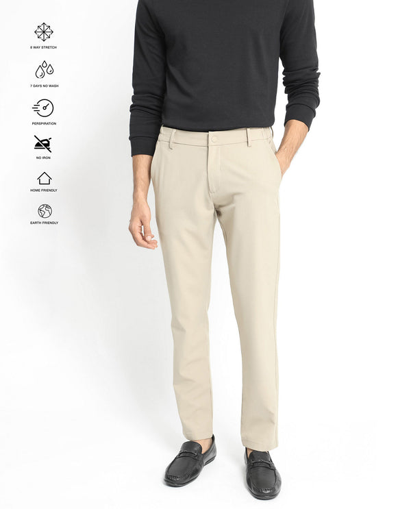 Rare Rabbit Men's Traveller Beige Solid Mid-Rise Regular Fit Trouser
