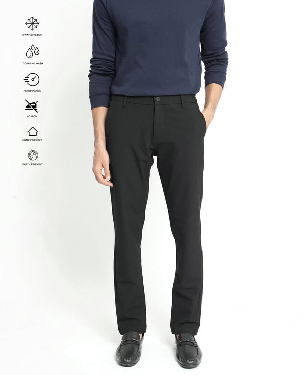 Rare Rabbit Men's Traveller Black Solid Mid-Rise Regular Fit Trouser