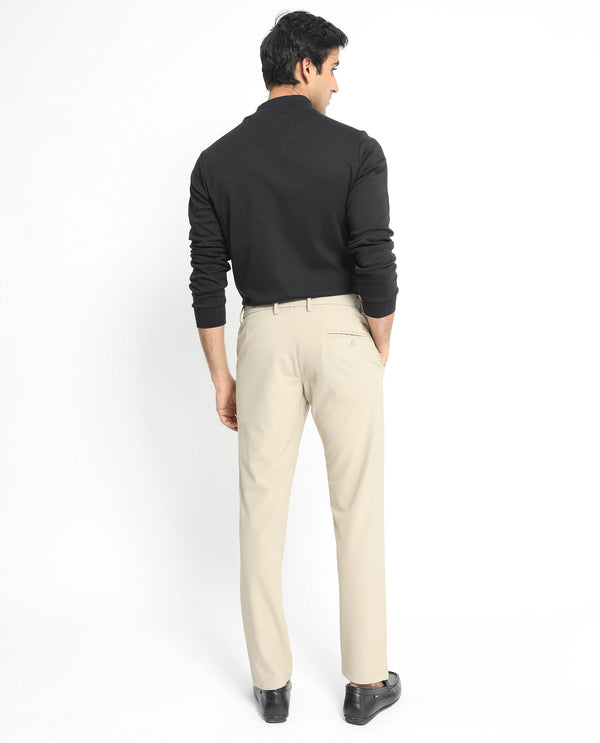 Rare Rabbit Men's Traveller Beige Solid Mid-Rise Regular Fit Trouser