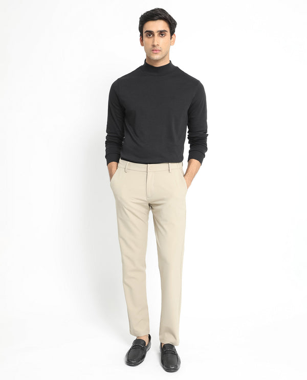 Rare Rabbit Men's Traveller Beige Solid Mid-Rise Regular Fit Trouser