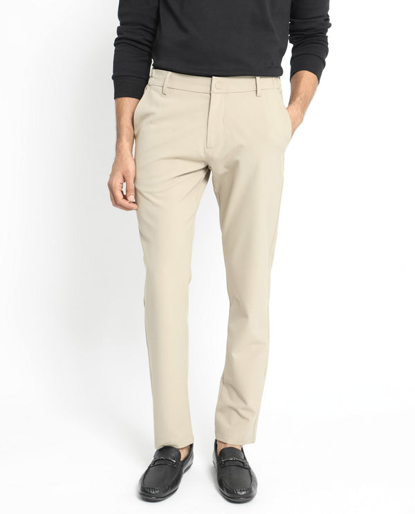 Rare Rabbit Men's Traveller Beige Solid Mid-Rise Regular Fit Trouser