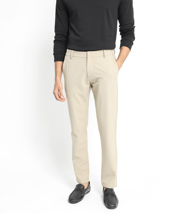 Rare Rabbit Men's Traveller Beige Solid Mid-Rise Regular Fit Trouser