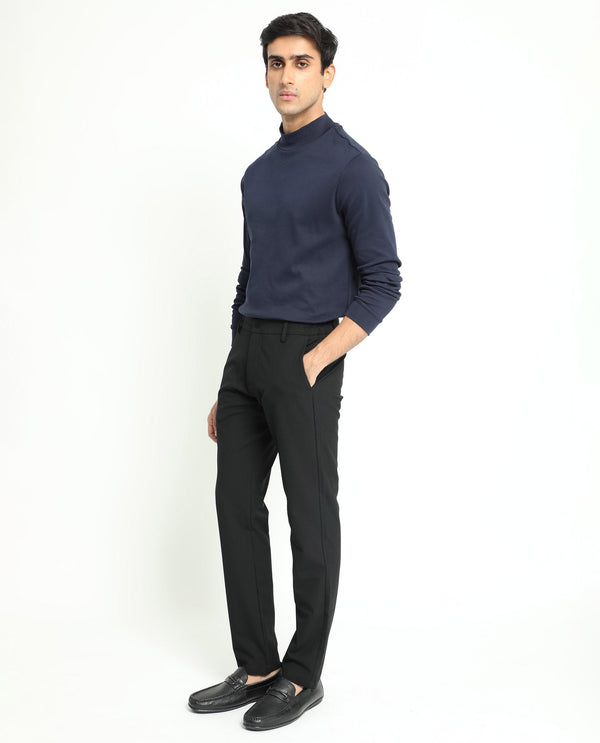 Rare Rabbit Men's Traveller Black Solid Mid-Rise Regular Fit Trouser