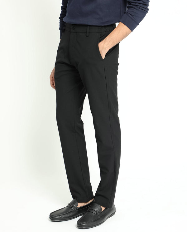 Rare Rabbit Men's Traveller Black Solid Mid-Rise Regular Fit Trouser