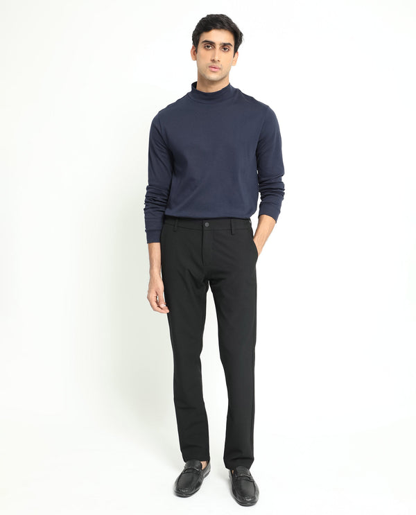 Rare Rabbit Men's Traveller Black Solid Mid-Rise Regular Fit Trouser