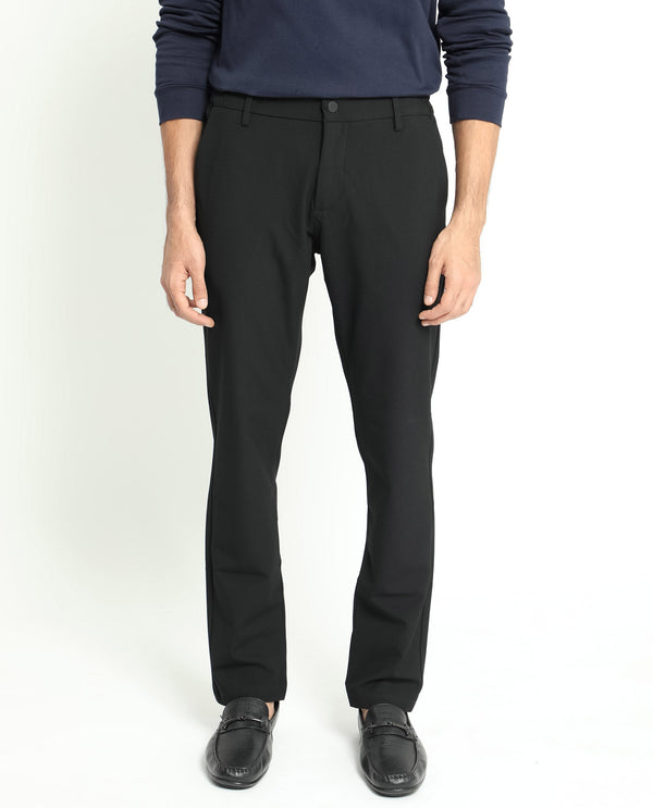 Rare Rabbit Men's Traveller Black Solid Mid-Rise Regular Fit Trouser