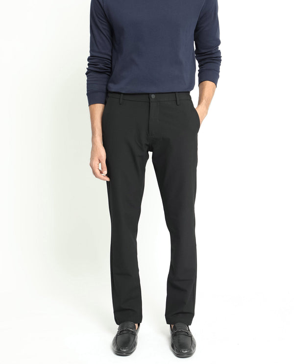 Rare Rabbit Men's Traveller Black Solid Mid-Rise Regular Fit Trouser