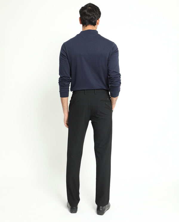 Rare Rabbit Men's Traveller Black Solid Mid-Rise Regular Fit Trouser