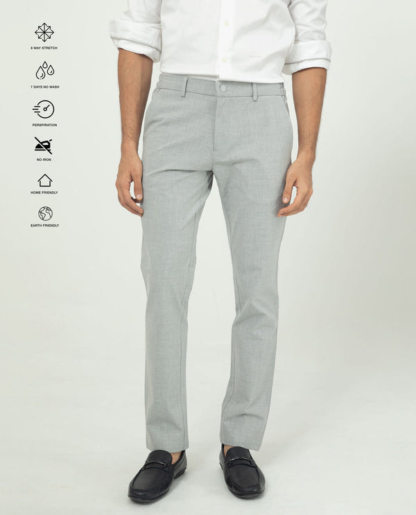 Rare Rabbit Men's Travellers Light Grey Solid Mid-Rise Regular Fit Trouser