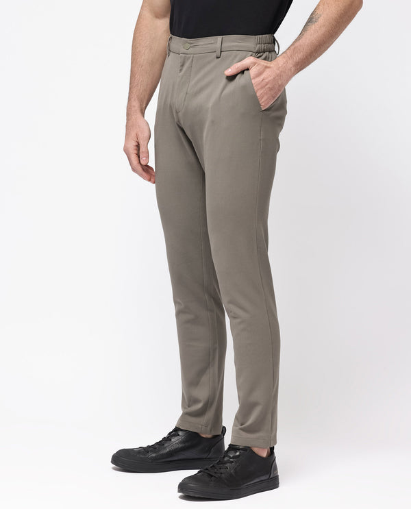 Rare Rabbit Men's Travel-24 Dark Beige Poly Viscose Lycra Fabric Blend Regular Fit Solid Trousers