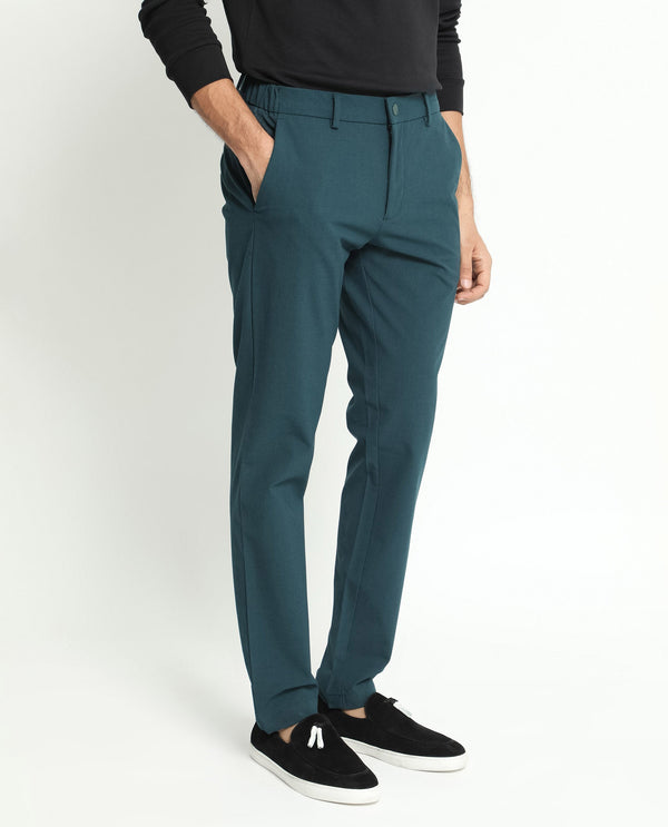 Rare Rabbit Men's Travellers Dark Petrol Solid Mid-Rise Regular Fit Trouser