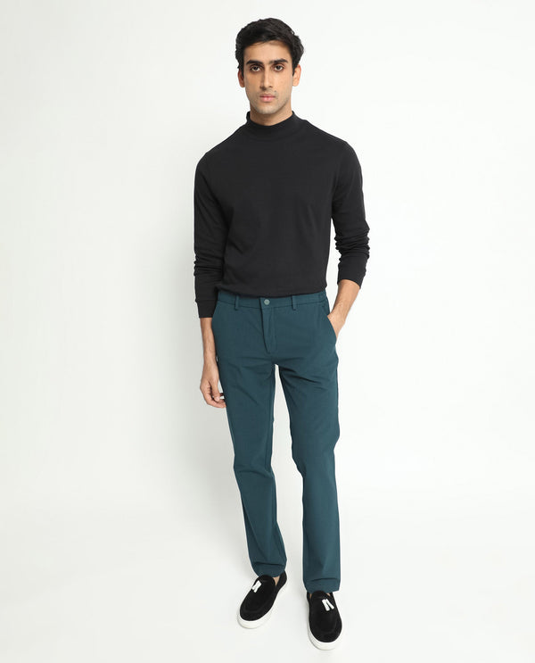 Rare Rabbit Men's Travellers Dark Petrol Solid Mid-Rise Regular Fit Trouser
