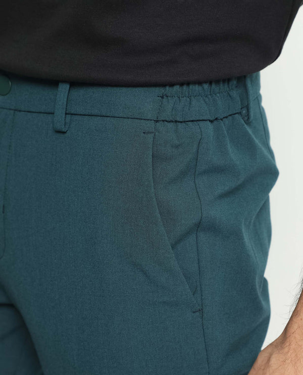 Rare Rabbit Men's Travellers Dark Petrol Solid Mid-Rise Regular Fit Trouser