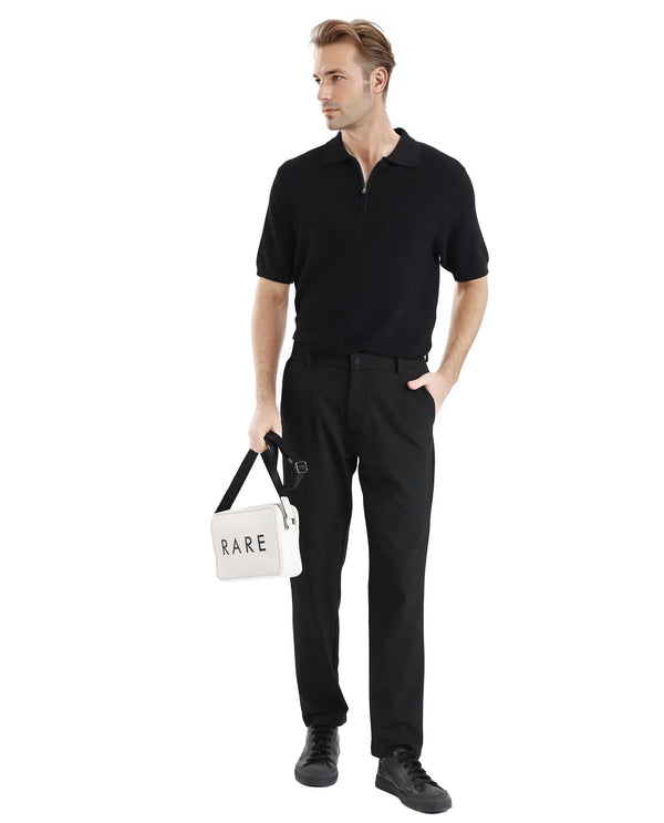 Rare Rabbit Men's Travel-11 Black Polyester Viscose Fabric Button And Zip Closure Regular Fit Plain Trouser