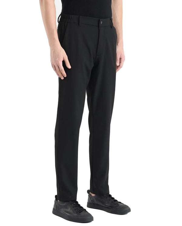 Rare Rabbit Men's Travel-11 Black Polyester Viscose Fabric Button And Zip Closure Regular Fit Plain Trouser