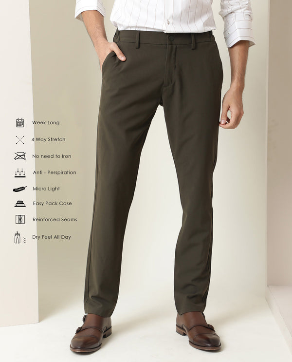 Rare Rabbit Men's Traverse Olive Solid Mid-Rise Regular Fit Stretch Trouser