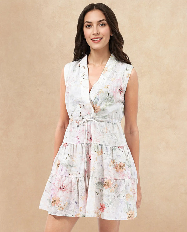 Rareism Women Trazo Multi Sleeveless Over Lap Neck Tie Up Fit And Flare Floral Print Mini Dress