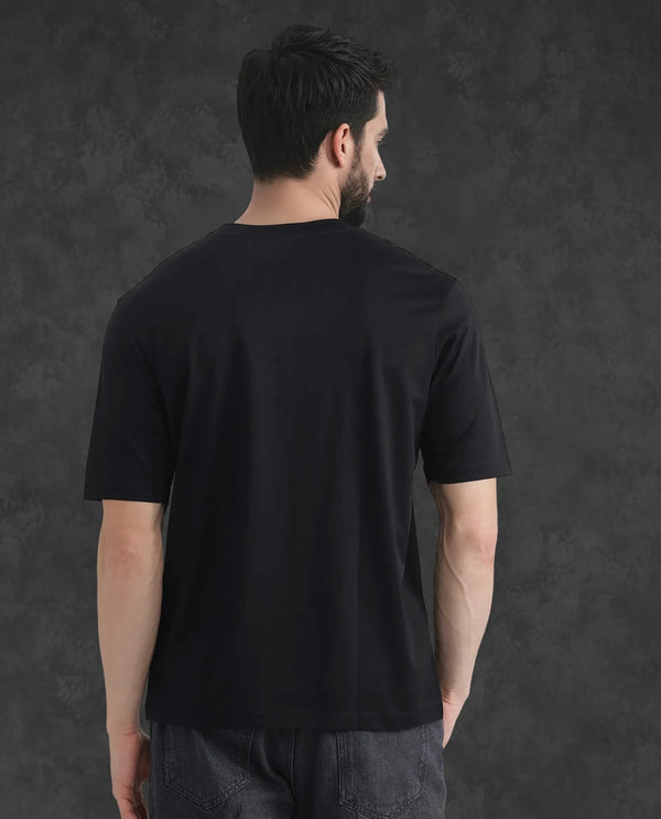 Rare Rabbit Men Trell Black Mercerized Cotton Fabric Short Sleeve Crew Neck HD and Flock Print T-Shirt