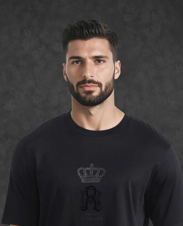 Rare Rabbit Men Trell Black Mercerized Cotton Fabric Short Sleeve Crew Neck HD and Flock Print T-Shirt