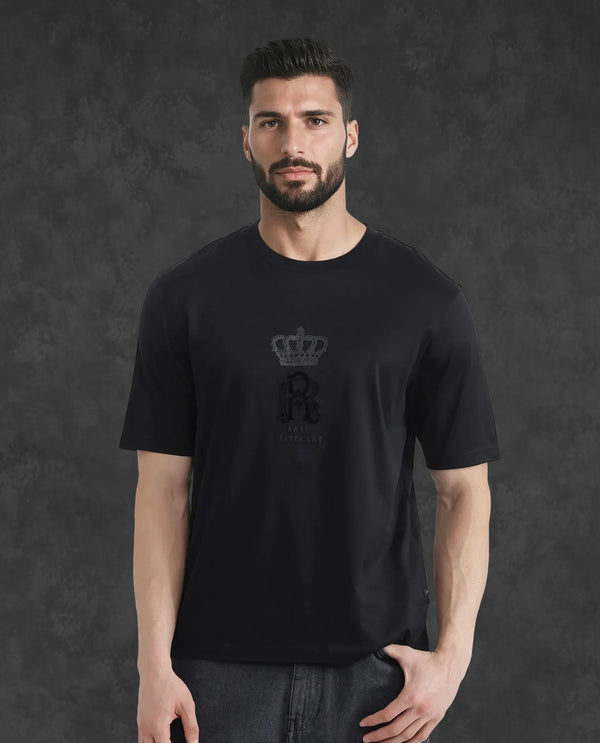 Rare Rabbit Men Trell Black Mercerized Cotton Fabric Short Sleeve Crew Neck HD and Flock Print T-Shirt