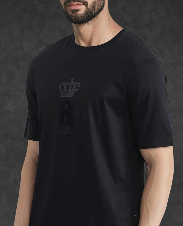 Rare Rabbit Men Trell Black Mercerized Cotton Fabric Short Sleeve Crew Neck HD and Flock Print T-Shirt