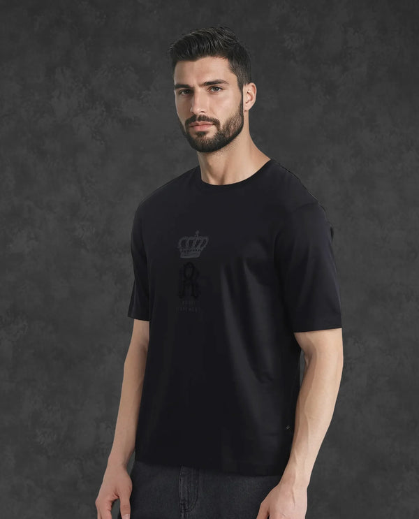 Rare Rabbit Men Trell Black Mercerized Cotton Fabric Short Sleeve Crew Neck HD and Flock Print T-Shirt