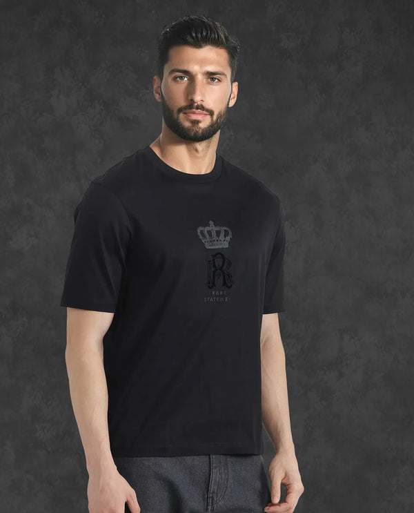 Rare Rabbit Men Trell Black Mercerized Cotton Fabric Short Sleeve Crew Neck HD and Flock Print T-Shirt