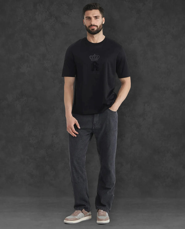 Rare Rabbit Men Trell Black Mercerized Cotton Fabric Short Sleeve Crew Neck HD and Flock Print T-Shirt
