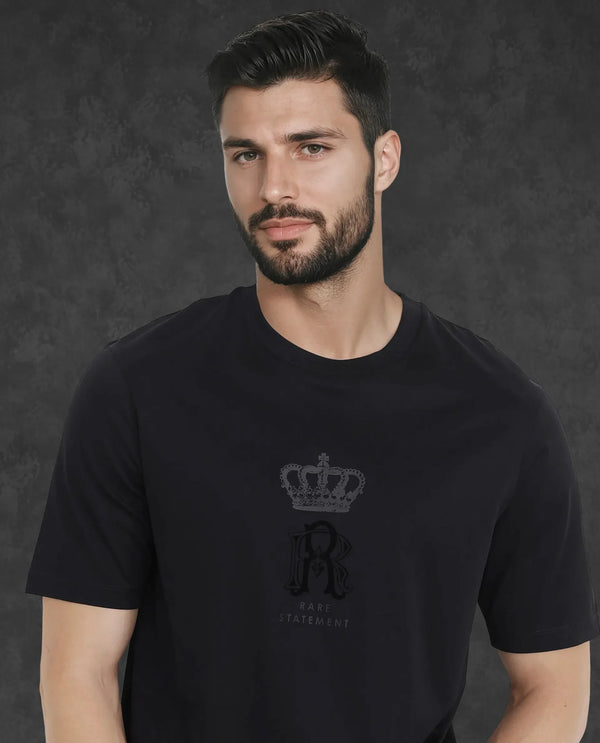 Rare Rabbit Men Trell Black Mercerized Cotton Fabric Short Sleeve Crew Neck HD and Flock Print T-Shirt