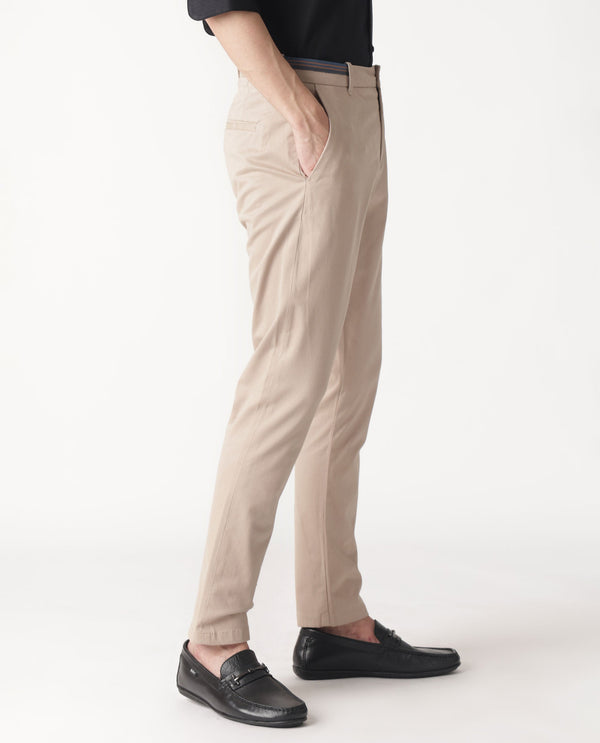Rare Rabbit Men's Trellis Beige Solid Mid-Rise Regular Fit Stretch Trouser
