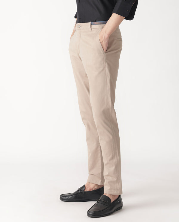 Rare Rabbit Men's Trellis Beige Solid Mid-Rise Regular Fit Stretch Trouser