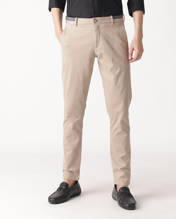 Rare Rabbit Men's Trellis Beige Solid Mid-Rise Regular Fit Stretch Trouser