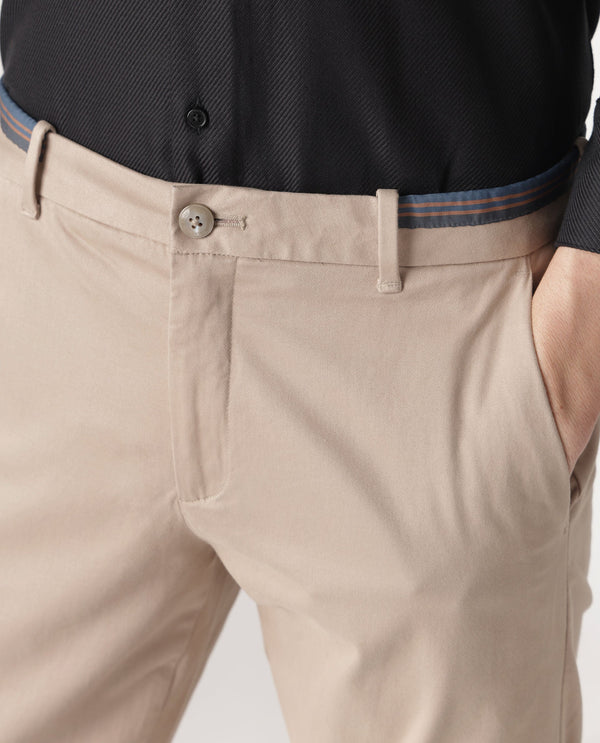 Rare Rabbit Men's Trellis Beige Solid Mid-Rise Regular Fit Stretch Trouser