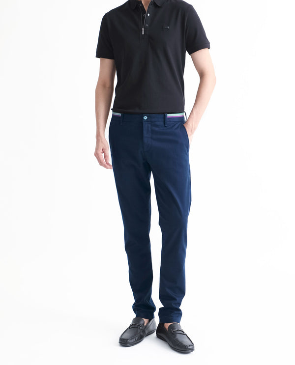 Rare Rabbit Men's Trellis Navy Solid Mid-Rise Regular Fit Stretch Trouser