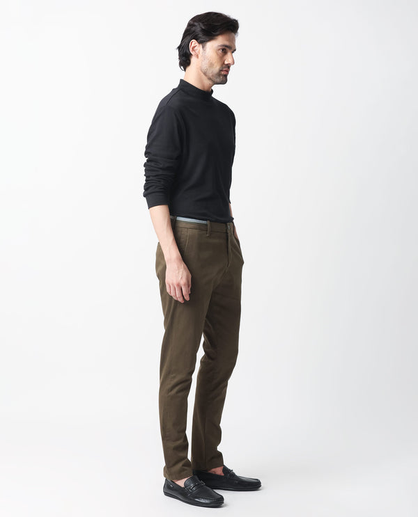 Rare Rabbit Men's Trellis Olive Solid Mid-Rise Regular Fit Trouser