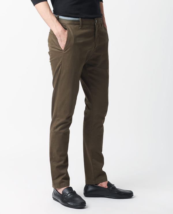 Rare Rabbit Men's Trellis Olive Solid Mid-Rise Regular Fit Trouser