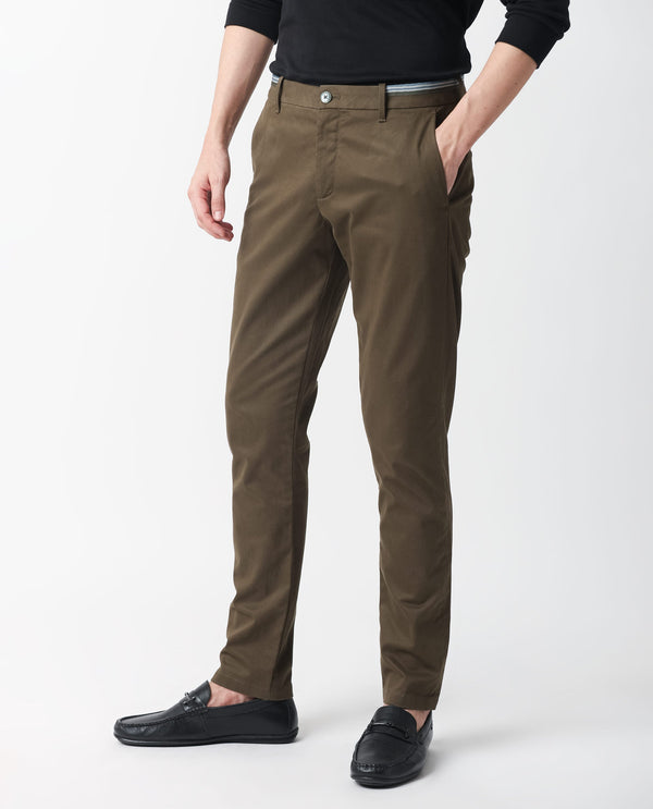 Rare Rabbit Men's Trellis Olive Solid Mid-Rise Regular Fit Trouser