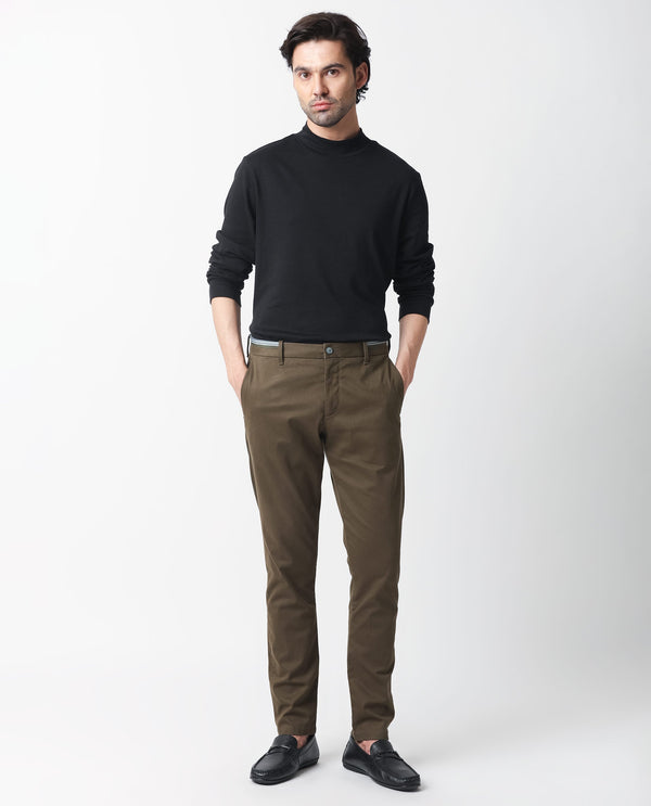 Rare Rabbit Men's Trellis Olive Solid Mid-Rise Regular Fit Trouser