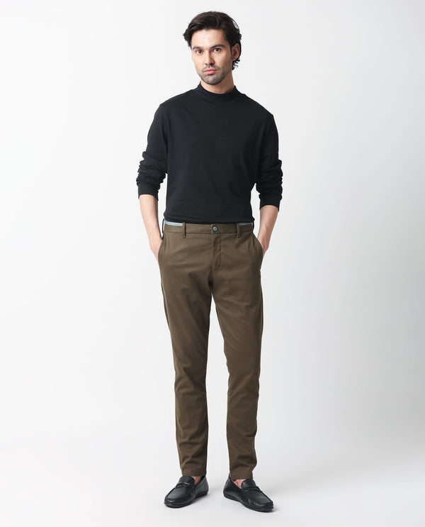 Rare Rabbit Men's Trellis Olive Solid Mid-Rise Regular Fit Trouser