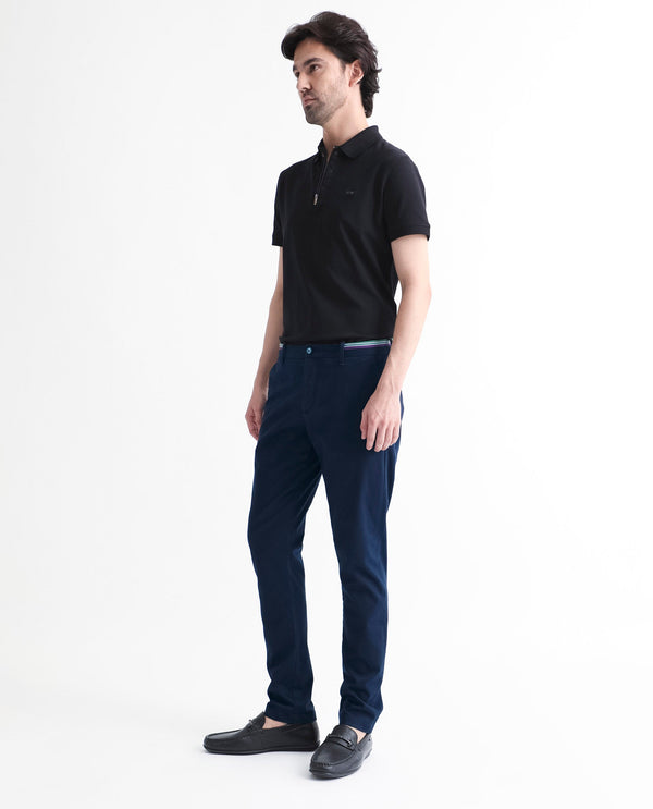Rare Rabbit Men's Trellis Navy Solid Mid-Rise Regular Fit Stretch Trouser
